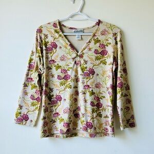 Pendleton V Neck Multi Floral Blouse Womens Sz S Purple Beige Top Stretch Soft